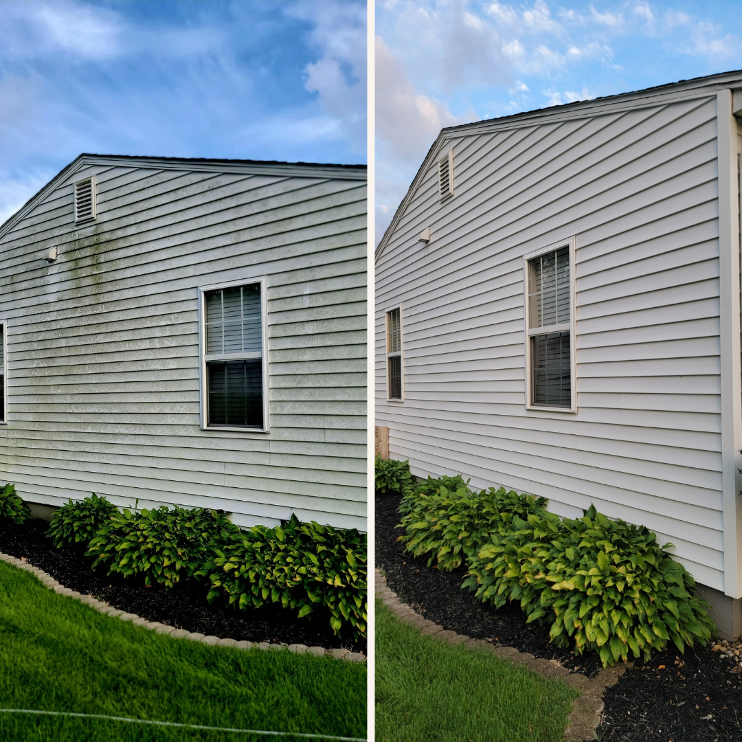 Before and after exterior cleaning showing restored curb appeal
